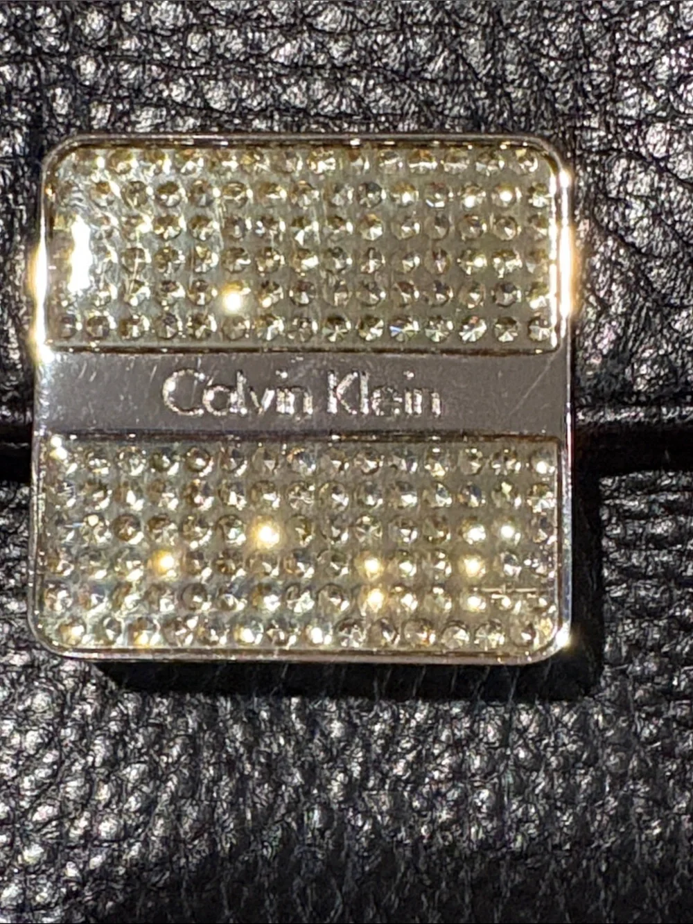 Calvin Klein Black Pebbled Leather Shoulder Bag with Rhinestone Lock